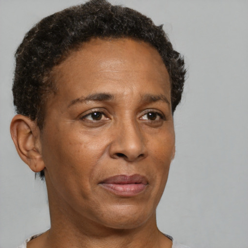 Joyful black adult female with short  brown hair and brown eyes