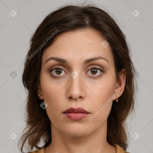 Neutral white young-adult female with medium  brown hair and brown eyes