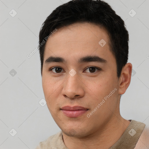 Neutral white young-adult male with short  black hair and brown eyes