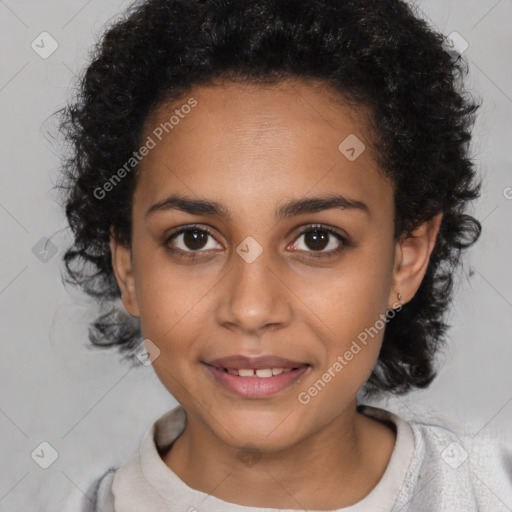 Joyful latino young-adult female with short  black hair and brown eyes