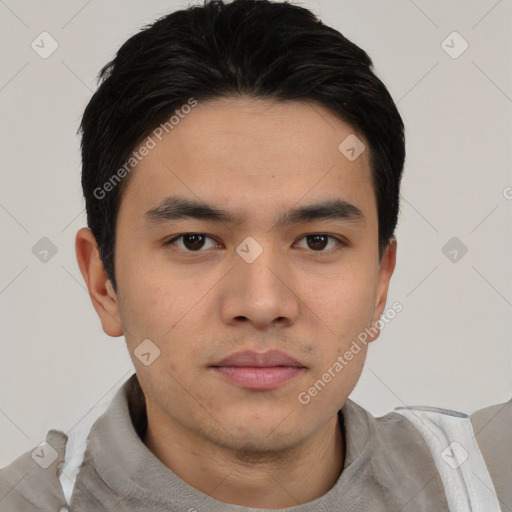 Neutral asian young-adult male with short  black hair and brown eyes