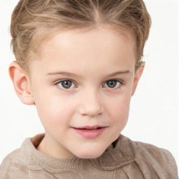 Joyful white child female with short  brown hair and grey eyes