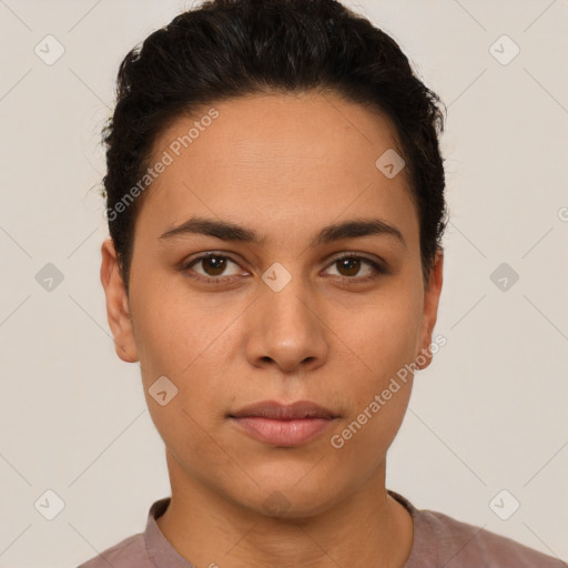 Neutral latino young-adult female with short  brown hair and brown eyes