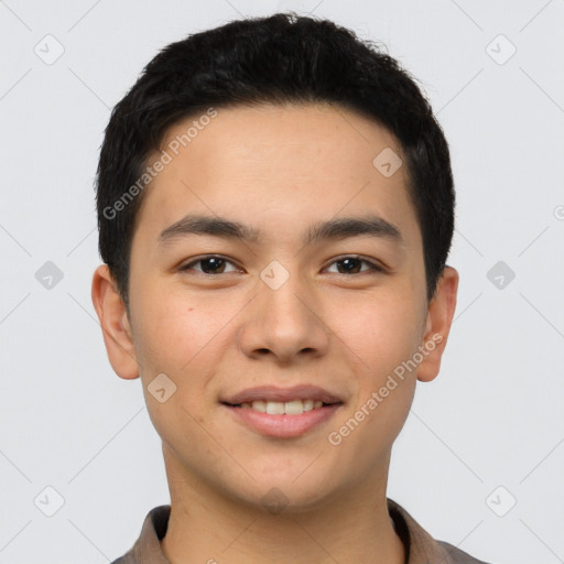 Joyful latino young-adult male with short  brown hair and brown eyes