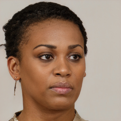 Neutral black young-adult female with short  brown hair and brown eyes