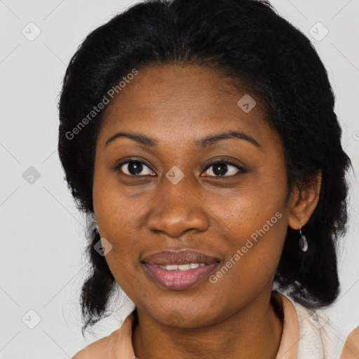 Joyful black young-adult female with medium  black hair and brown eyes