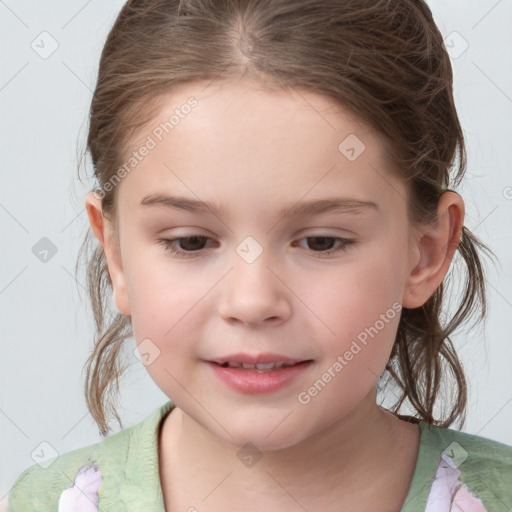 Joyful white child female with medium  brown hair and grey eyes