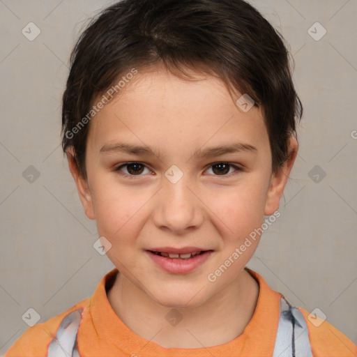 Joyful white child female with medium  brown hair and brown eyes