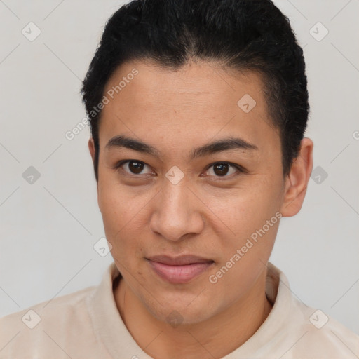 Joyful latino young-adult male with short  brown hair and brown eyes