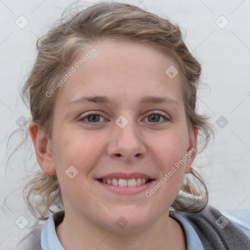 Joyful white young-adult female with medium  brown hair and blue eyes