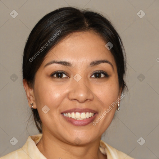 Joyful white young-adult female with medium  brown hair and brown eyes