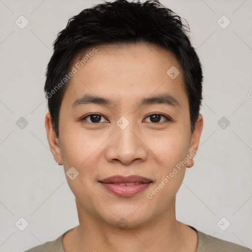 Joyful latino young-adult male with short  black hair and brown eyes