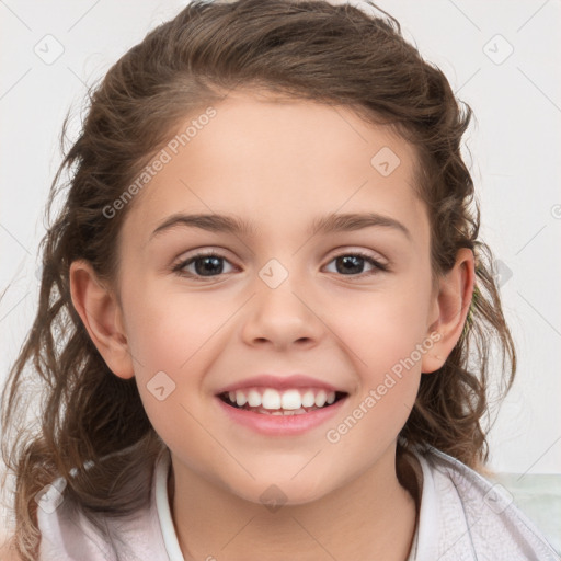 Joyful white child female with medium  brown hair and brown eyes