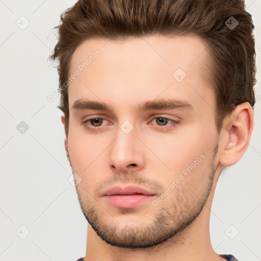 Neutral white young-adult male with short  brown hair and brown eyes