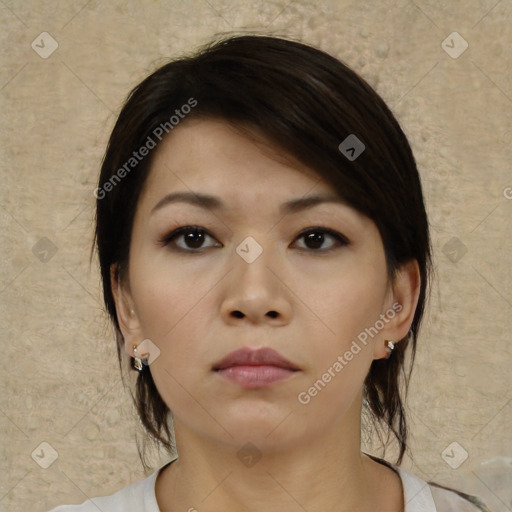 Neutral asian young-adult female with medium  brown hair and brown eyes