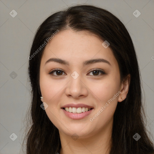 Joyful white young-adult female with long  brown hair and brown eyes