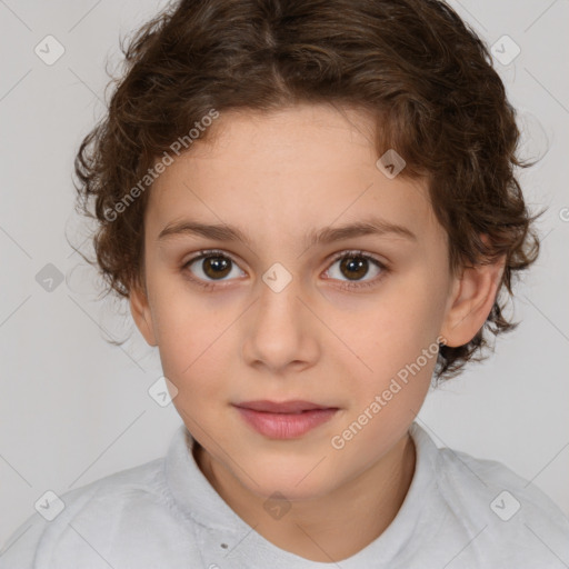 Joyful white child female with medium  brown hair and brown eyes