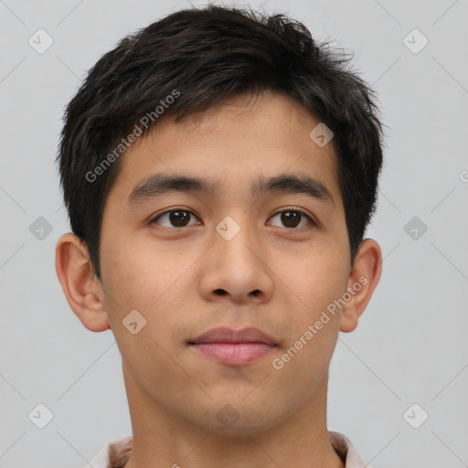 Neutral asian young-adult male with short  brown hair and brown eyes