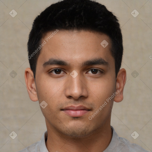 Neutral asian young-adult male with short  brown hair and brown eyes