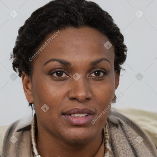 Joyful black adult female with short  brown hair and brown eyes