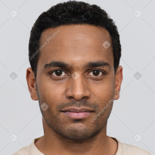 Neutral black young-adult male with short  black hair and brown eyes