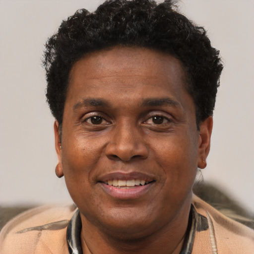 Joyful black adult male with short  brown hair and brown eyes