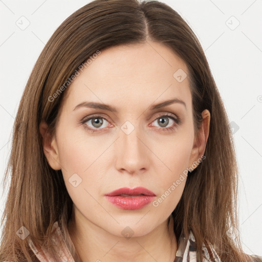 Neutral white young-adult female with long  brown hair and grey eyes