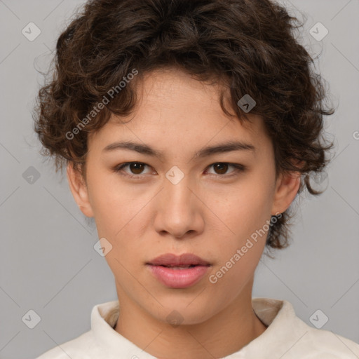 Neutral white young-adult female with short  brown hair and brown eyes