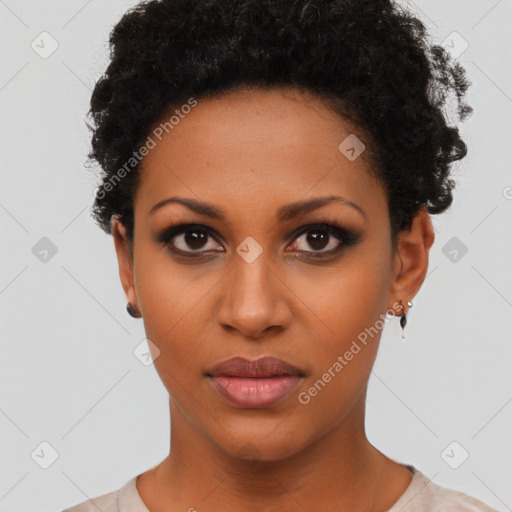 Neutral black young-adult female with short  black hair and brown eyes