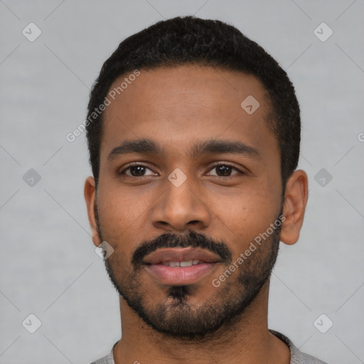 Neutral black young-adult male with short  black hair and brown eyes