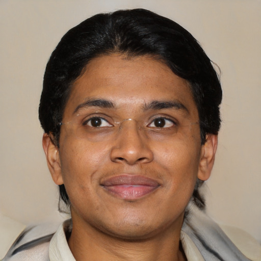 Joyful asian adult male with short  black hair and brown eyes