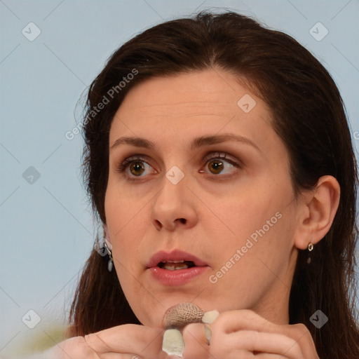 Neutral white young-adult female with medium  brown hair and brown eyes