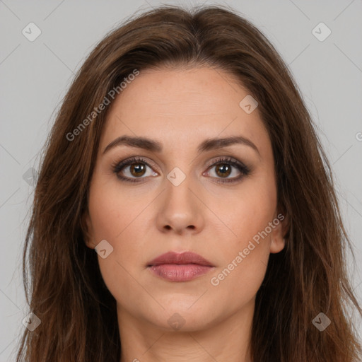 Neutral white young-adult female with long  brown hair and brown eyes