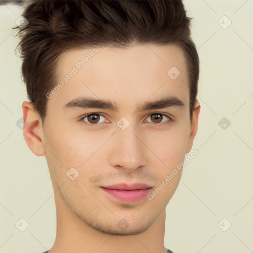 Neutral white young-adult male with short  brown hair and brown eyes