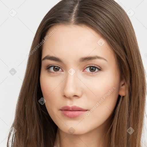 Neutral white young-adult female with long  brown hair and brown eyes