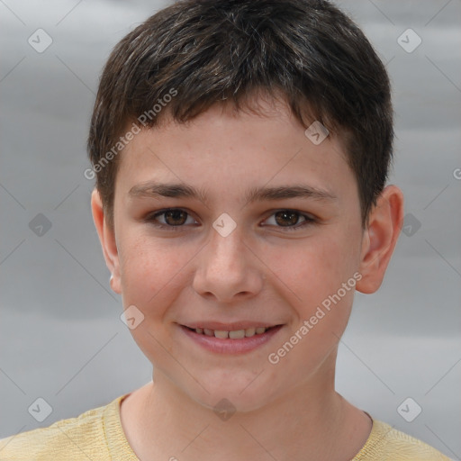 Joyful white child male with short  brown hair and brown eyes