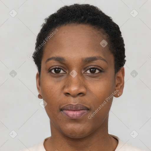 Neutral black young-adult female with short  black hair and brown eyes