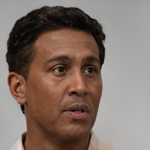 Neutral latino adult male with short  brown hair and brown eyes