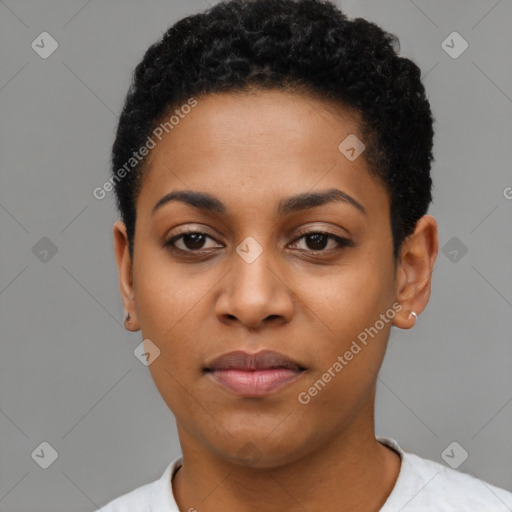 Neutral black young-adult female with short  black hair and brown eyes