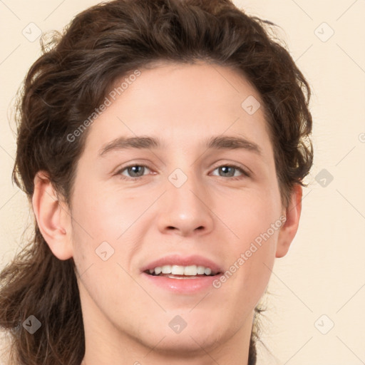 Joyful white young-adult male with medium  brown hair and brown eyes