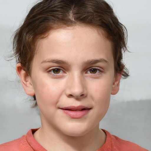 Joyful white child female with short  brown hair and brown eyes