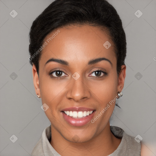 Joyful latino young-adult female with short  black hair and brown eyes