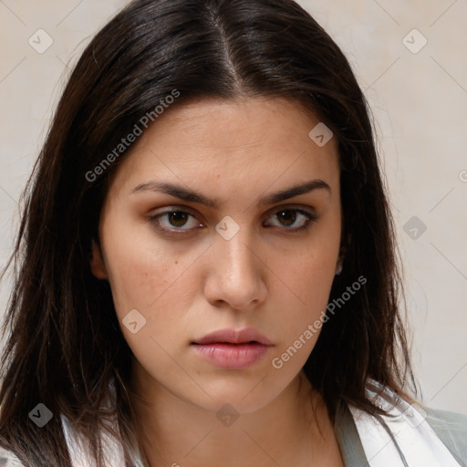 Neutral white young-adult female with medium  brown hair and brown eyes