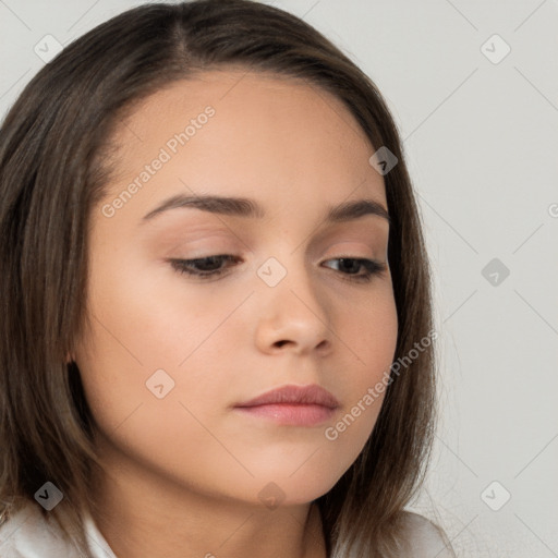 Neutral white young-adult female with medium  brown hair and brown eyes