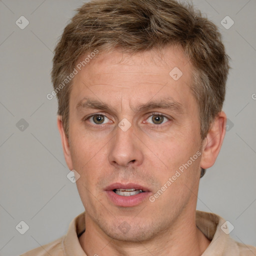 Neutral white adult male with short  brown hair and grey eyes