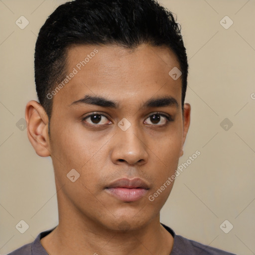 Neutral latino young-adult male with short  black hair and brown eyes