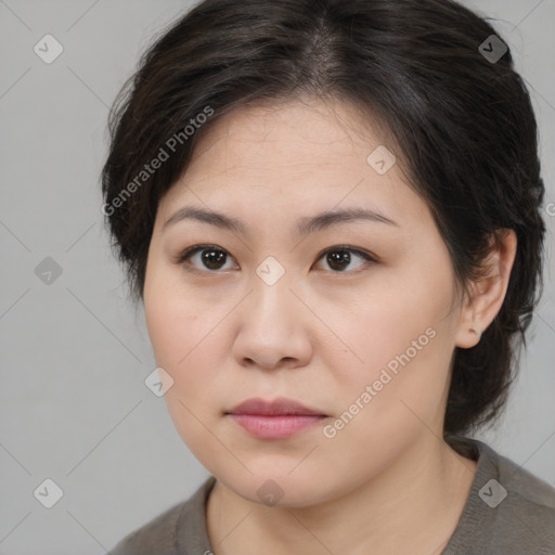 Neutral white young-adult female with medium  brown hair and brown eyes