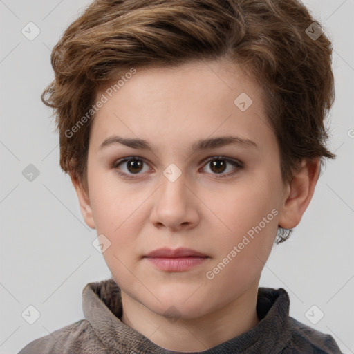 Neutral white young-adult female with short  brown hair and brown eyes