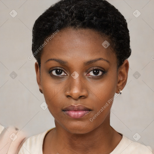 Neutral black young-adult female with short  black hair and brown eyes