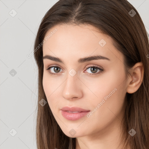 Neutral white young-adult female with long  brown hair and brown eyes